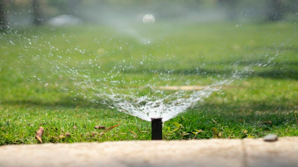 Pop-up sprinkler watering a green lawn