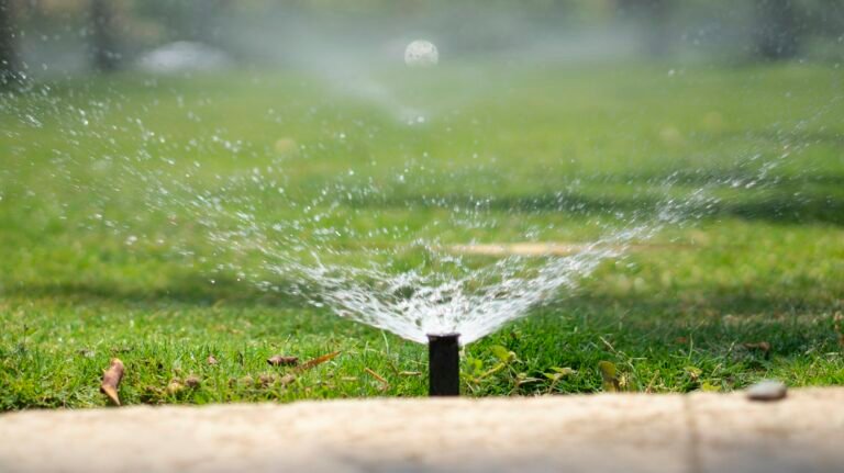 Pop-up sprinkler watering a green lawn