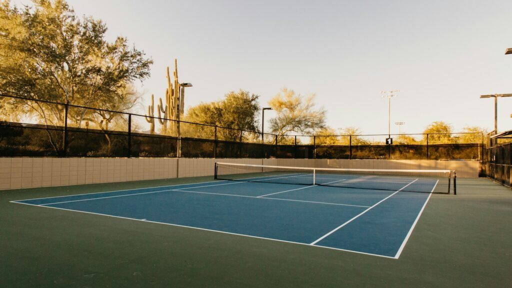 Backyard tennis court surrounded by desert plants